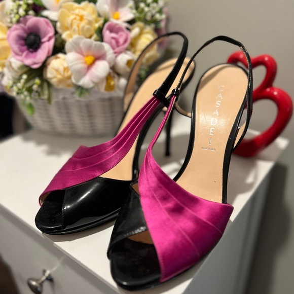 CASADEI Italian Black and Pink Velvet Slingback Heels - Picture 3 of 9